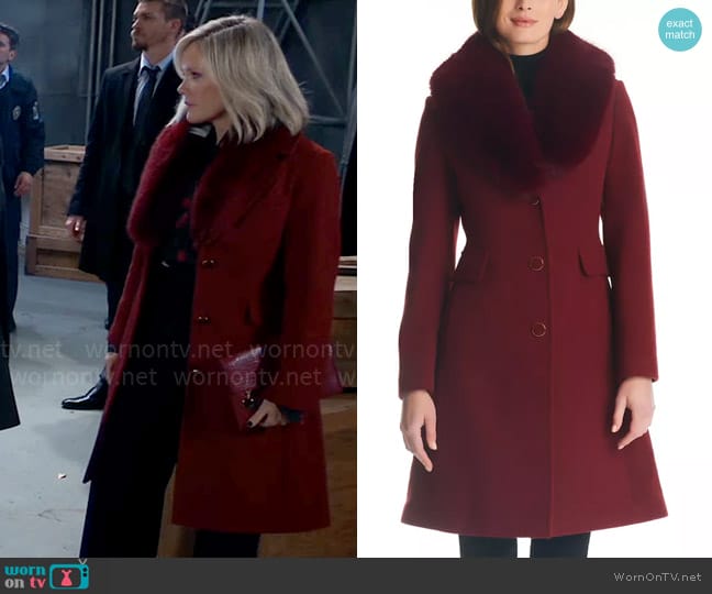 Kate Spade Faux-Fur-Collar Walker Coat in Deep Lipstick worn by Ava Jerome (Maura West) on General Hospital