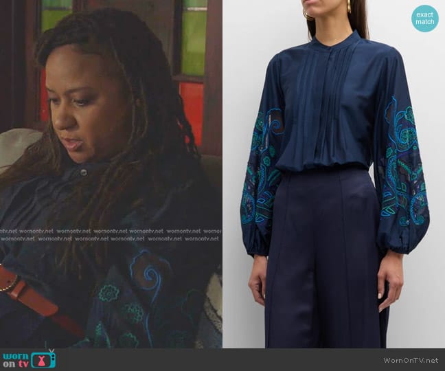 Kobi Halperin Reese Silk Embroidered Sleeve Blouse in Midnight Blue worn by Karen Wilson (Tracie Thoms) on 9-1-1