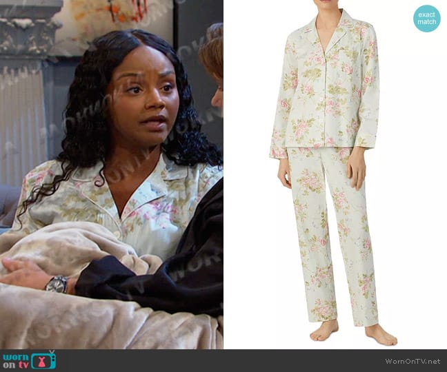 Lauren Ralph Lauren Long Sleeve Pajama Set worn by Chanel Dupree (Raven Bowens) on Days of our Lives