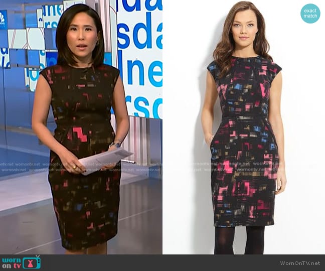 Maggy London Sueded Trim Ponte Knit Sheath Dress worn by Vicky Nguyen on NBC News Daily