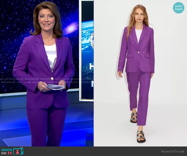 Me + Em Textured Weave Blazer in Intense Violet worn by Norah O'Donnell on CBS Evening News