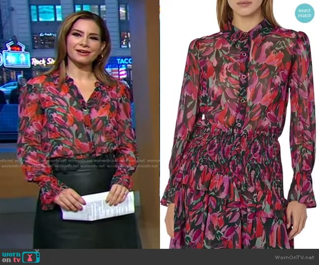 Milly Lacey Floral-Print Button-Down Top worn by Rebecca Jarvis on Good Morning America