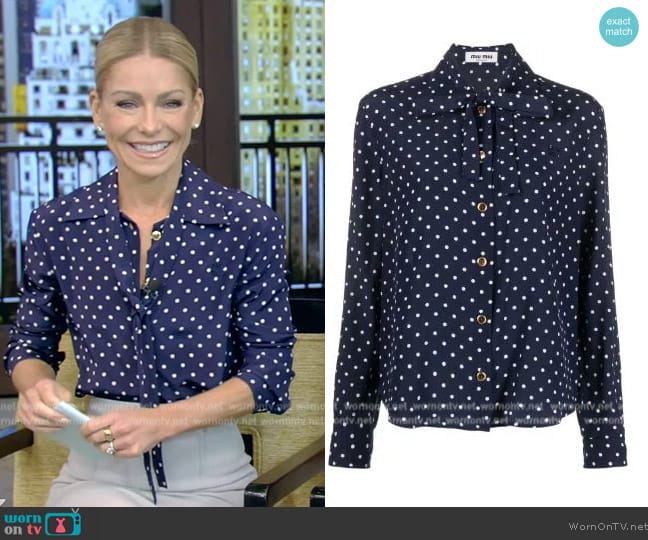 Miu Miu Polka-dot silk shirt worn by Kelly Ripa on Live with Kelly and Mark