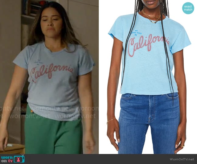 Mother The Sinful Short Sleeve Graphic T-Shirt in California Love worn by Nell Serrano (Gina Rodriguez) on Not Dead Yet