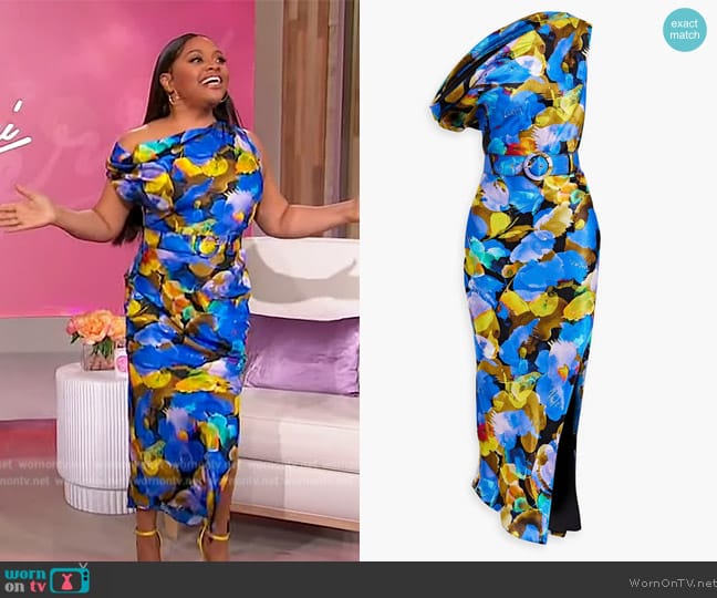 Nicholas Calantha one-shoulder printed satin midi dress worn by Sherri Shepherd on Sherri
