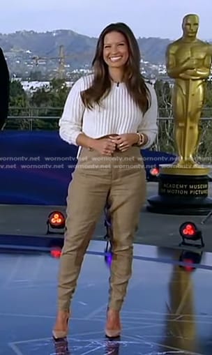 Rocsi Diaz’s white ribbed sweater and beige pants on Good Morning America