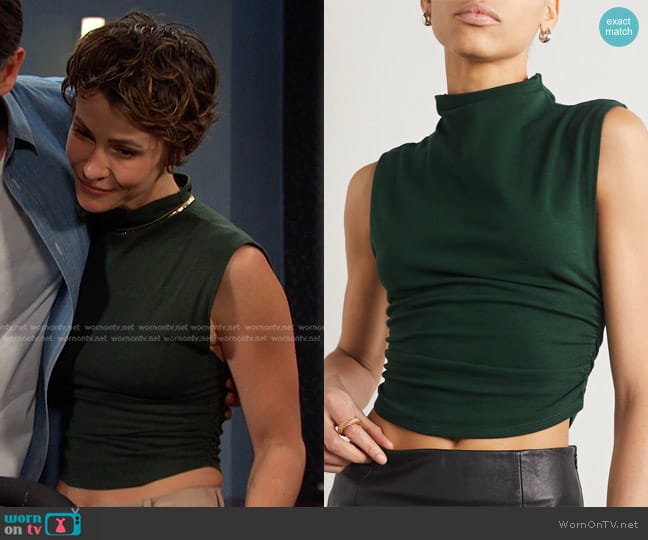 Reformation Lindy Ruched Crop Top in Forest worn by Sarah Horton (Linsey Godfrey) on Days of our Lives