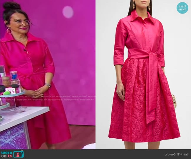 Rickie Freeman For Teri Jon Taffeta Shirt Dress with Eyelet Skirt in Hot Pink worn by Rea Ann Silva on Good Morning America