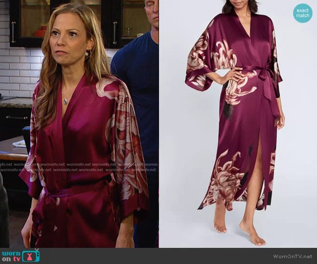 Kim + Ono Silk Kiku Long Kimono Robe in Wine worn by Ava Vitali (Tamara Braun ) on Days of our Lives