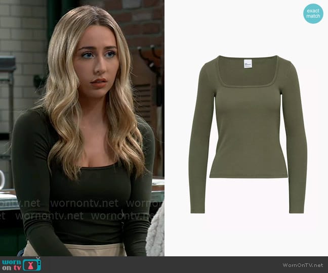 TNA HomeStretch™ Squareneck Longsleeve in Army Green worn by Josslyn Jacks (Eden McCoy) on General Hospital
