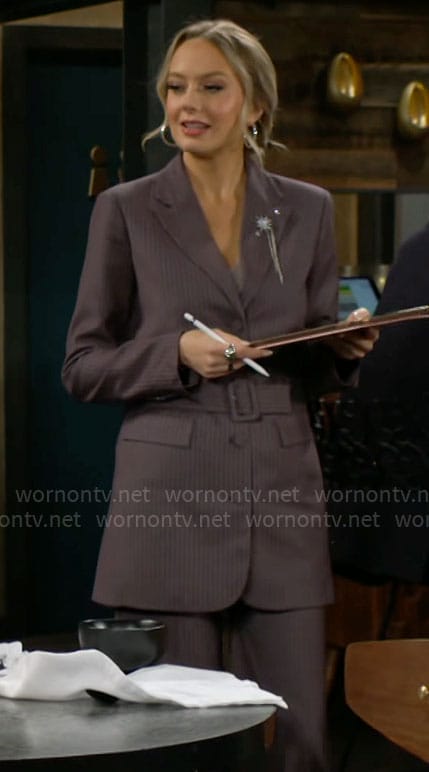 Abby’s grey pinstripe suit with belt on The Young and the Restless