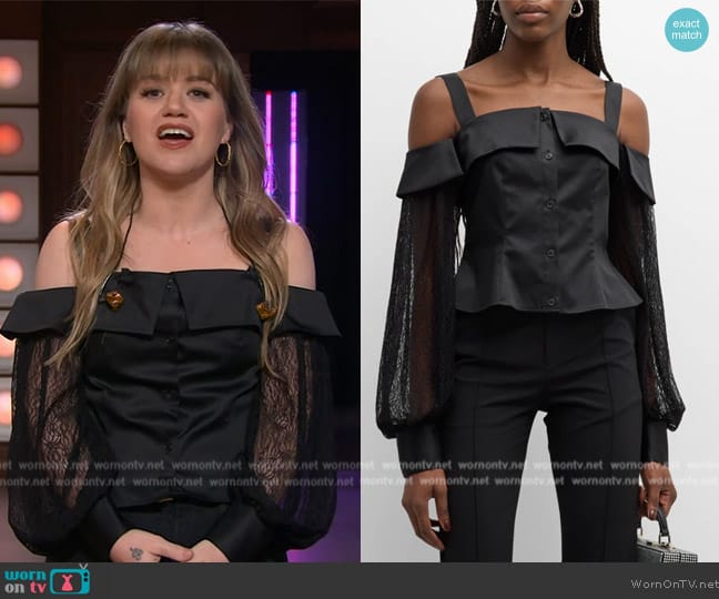 Adeam Beth Lace Long-Sleeve Cold-Shoulder Button-Front Top worn by Kelly Clarkson on The Kelly Clarkson Show