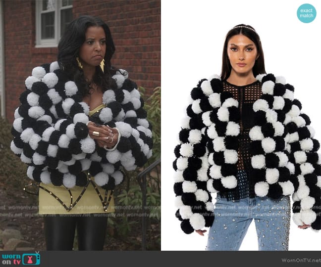Pom Pom Black and White Cardigan worn by Wickie Roy (Renée Elise Goldsberry) on Girls5eva