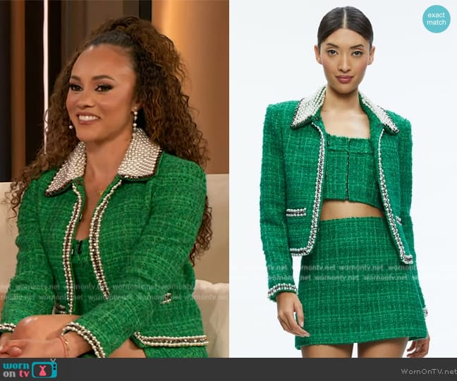 Alice + Olivia Kidman Pearl Embellished Collared Jacket worn by Ashley Darby on The Drew Barrymore Show
