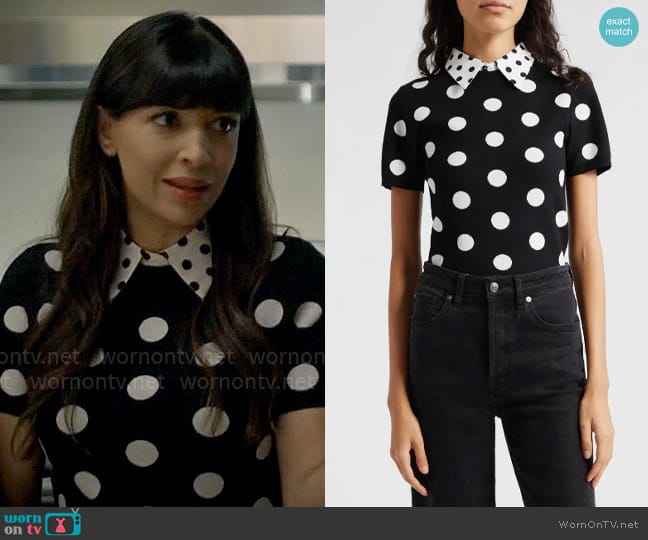 Alice + Olivia Aster Collared T-Shirt worn by Sam (Hannah Simone) on Not Dead Yet
