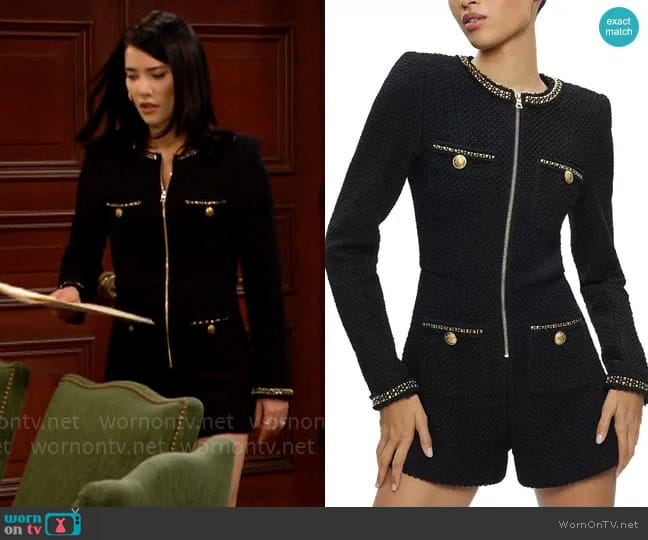 Alice + Olivia Shiloh Zip Front Contrast Trim Romper worn by Steffy Forrester (Jacqueline MacInnes Wood) on The Bold and the Beautiful
