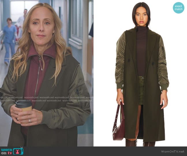 All Saints Paulah Coat in Khaki Green worn by Teddy Altman (Kim Raver) on Greys Anatomy