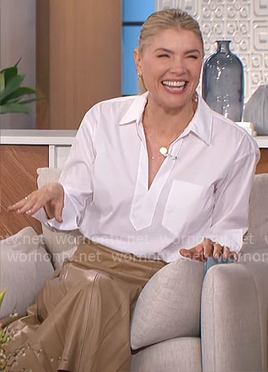 Amanda’s white collared shirt and camel leather skirt on The Talk