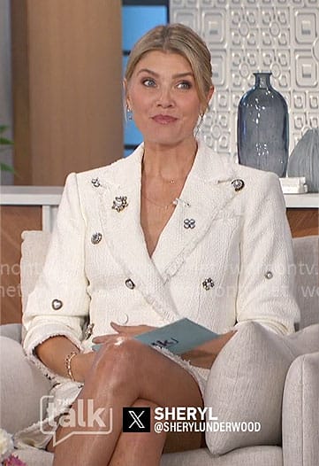 Amanda’s white embellished tweed blazer dress on The Talk