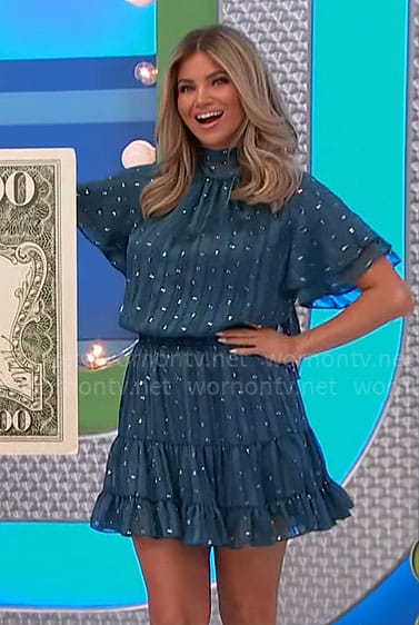 Amber’s green dress with metallic dots on The Price is Right