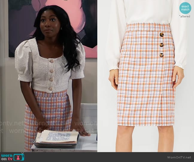 Ann Taylor Plaid Side Button Pencil Skirt worn by Trina Robinson (Tabyana Ali) on General Hospital