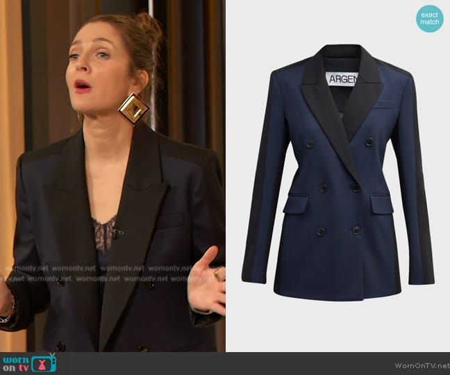 Argent Double-Breasted Colorblock Wool Blazer worn by Drew Barrymore on The Drew Barrymore Show
