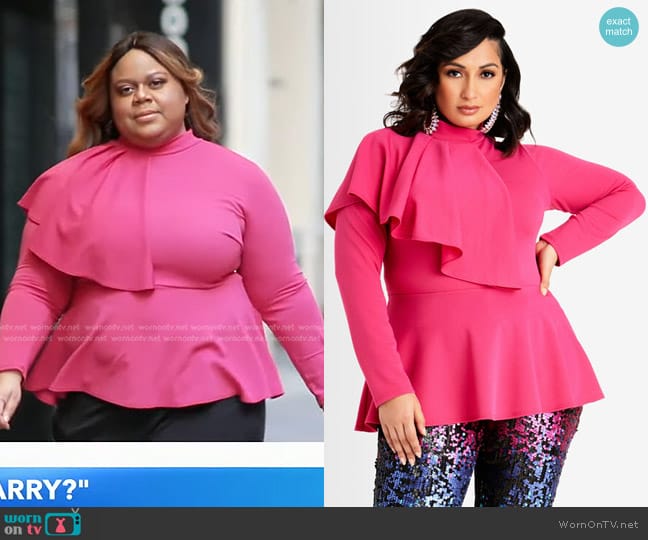 Ashley Stewart Pique Knit Capelet Peplum Top worn by Reesa Teesa on Good Morning America