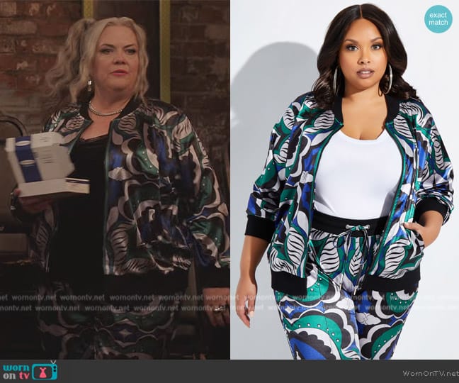 Ashley Stewart Printed Satin Track Jacket worn by Gloria McManus (Paula Pell) on Girls5eva