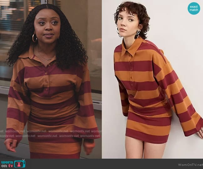 ASOS Stripe rugby shirt mini dress in mustard & burgundy worn by Janine Teagues (Quinta Brunson) on Abbott Elementary