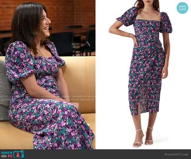 ASTR the Label Puff Sleeve Front Slit Midi Dress in Teal Purple Multi Floral worn by Adrianna Barrionuevo Brach on Today