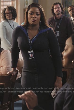 Ava’s navy ribbed shirtdress on Abbott Elementary