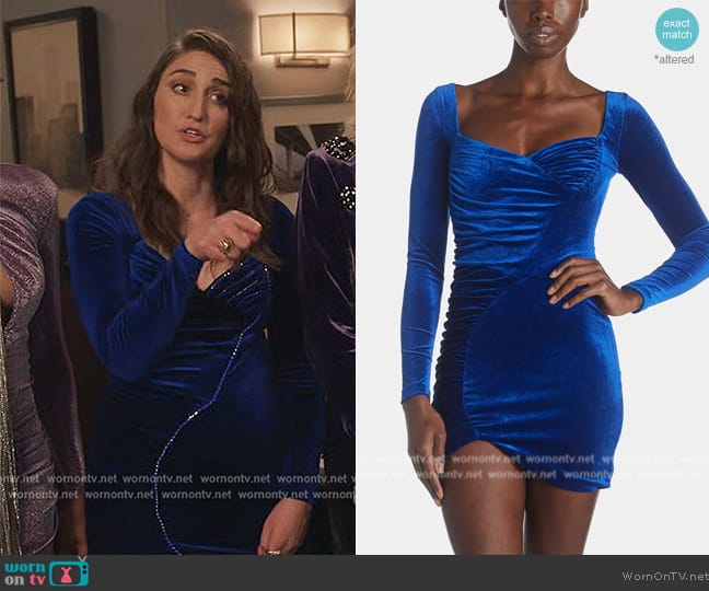 Bardot Xena Ruched Velvet Dress In Cobalt worn by Dawn Solano (Sara Bareilles) on Girls5eva