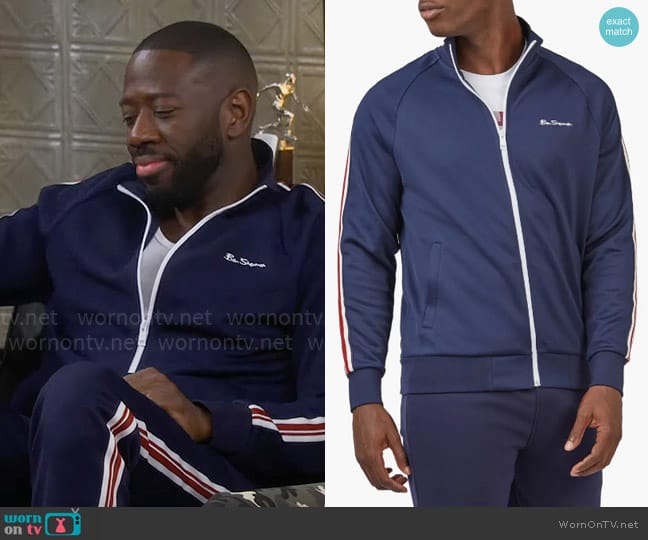 Ben Sherman Signature Taped Tricot Track Top in Marine worn by Malcom (Sheaun McKinney) on The Neighborhood