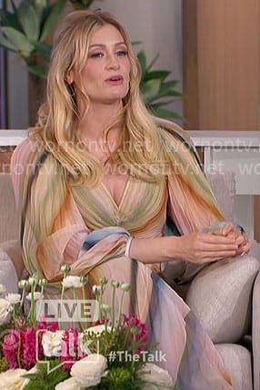 Beth Behrs’ striped pleated midi dress on The Talk