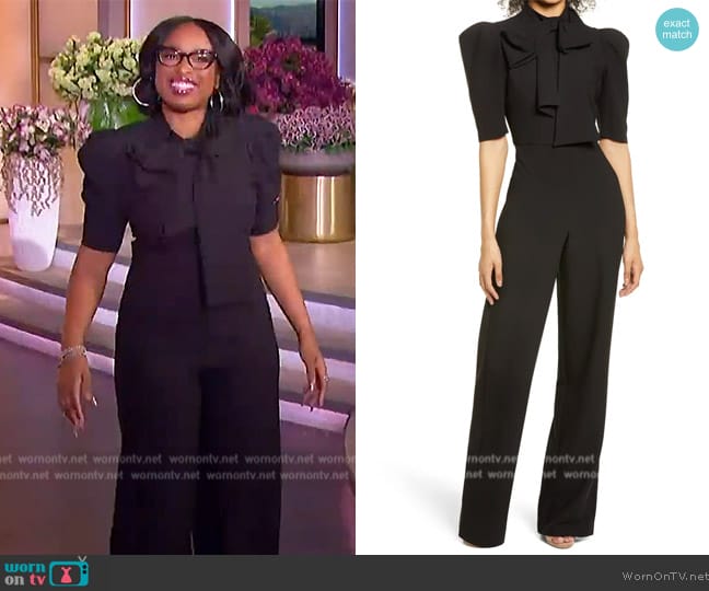 Black Halo Ara Tie Neck Puff Sleeve Jumpsuit worn by Jennifer Hudson on The Jennifer Hudson Show