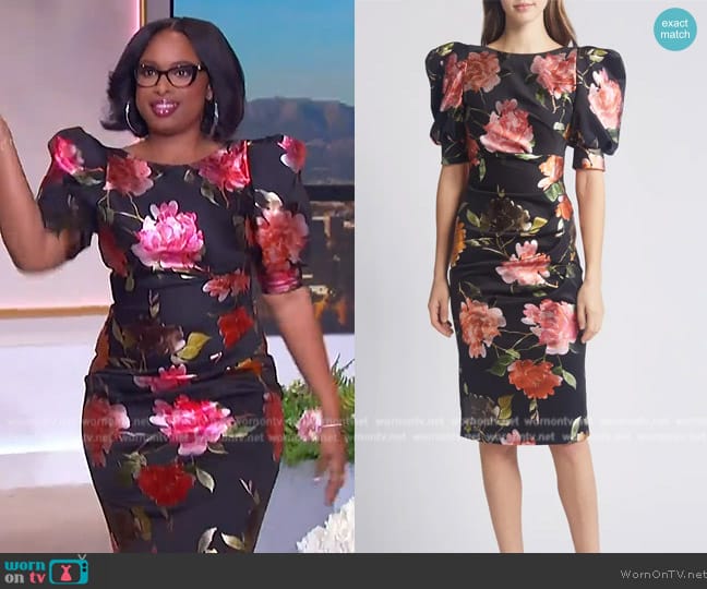 Black Halo Floral Puff Sleeve Cocktail Dress worn by Jennifer Hudson on The Jennifer Hudson Show