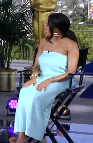 Blake Newby’s blue sequin strapless dress on Good Morning America