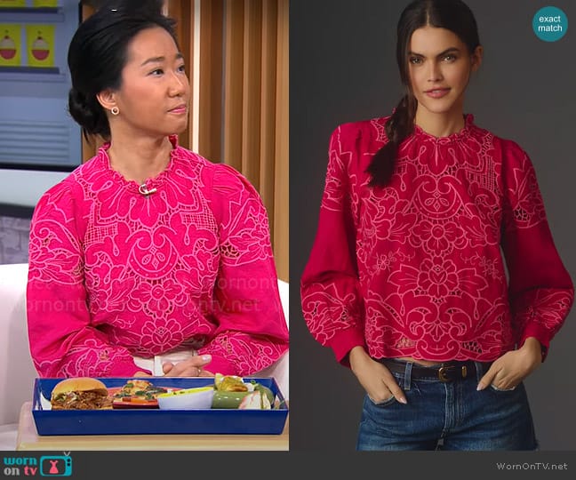 By Anthropologie The Lainie Long-Sleeve Lace Cutwork Blouse worn by Myo Quinn on CBS Mornings