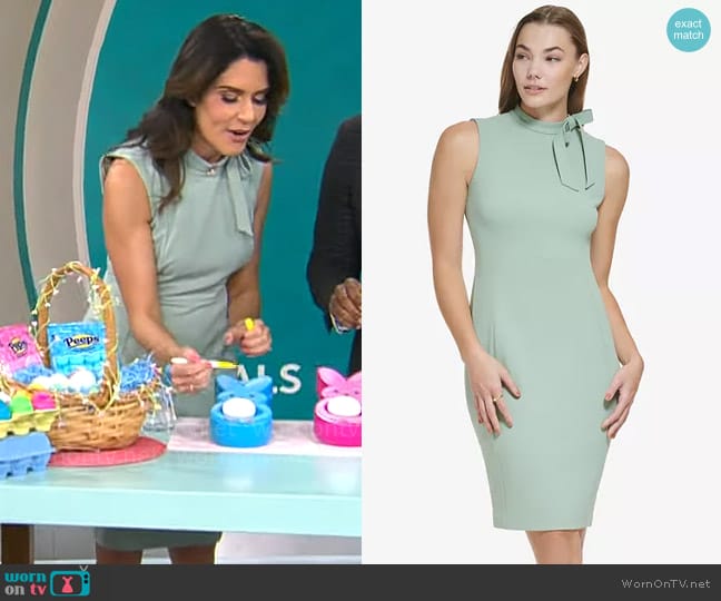 Calvin Klein Tie-Neck Sleeveless Bodycon Dress in Jadete worn by Adriane Kiss on CBS Mornings