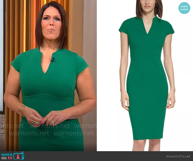 Calvin Klein V-Neck Back-Slit Sheath Dress in Meadow worn by Dana Jacobson on CBS Mornings