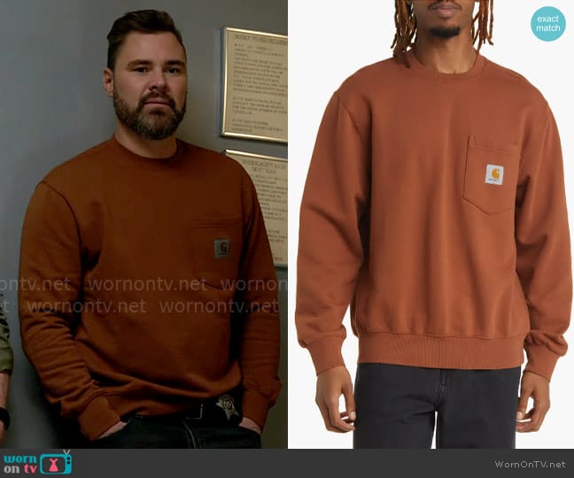 Carhartt Pocket Sweatshirt in Beaver worn by Adam Ruzek (Patrick John Flueger) on Chicago PD