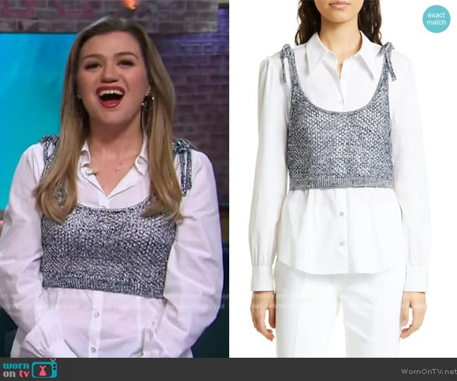 Cinq a Sept Elodie Tie Strap Open Stitch Crop Sweater Tank worn by Kelly Clarkson on The Kelly Clarkson Show