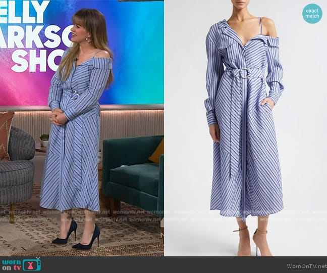 Cinq a Sept Marcella Striped One Shoulder Midi Shirt Dress worn by Kelly Clarkson on The Kelly Clarkson Show