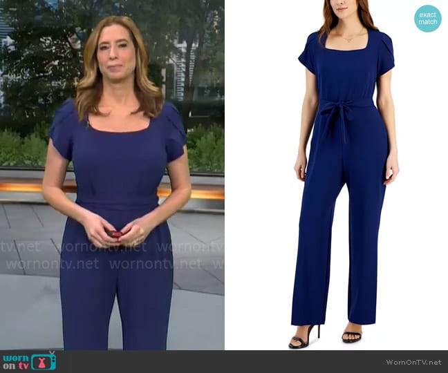 Connected Petal-Sleeve Tie-Waist Square-Neck Jumpsuit worn by Stephanie Abrams on CBS Mornings