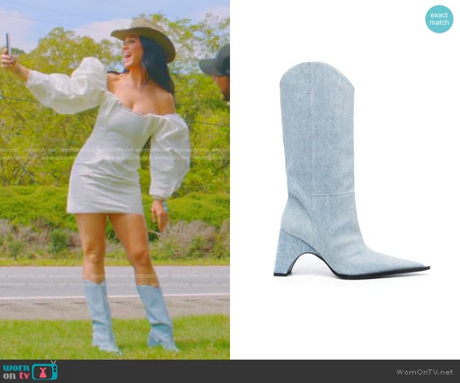 Coperni Bridge Cowboy 85mm Washed-Denim Boots worn by Katy Perry on American Idol