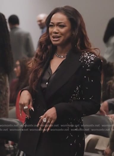 Crystal’s black embellished blazer on Abbott Elementary