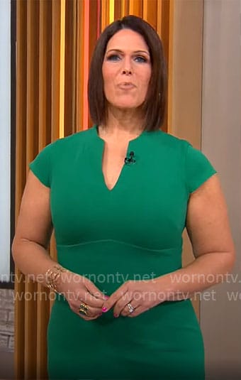 Dana Jacobson’s green split-neck sheath dress on CBS Mornings