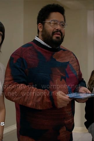 Dennis’ abstract multi color sweater on Not Dead Yet