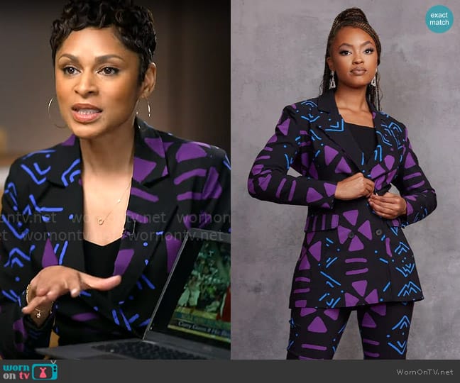 D'iyanu Uyai Blazer in Black Purple Mudcloth worn by Jericka Duncan on CBS Mornings