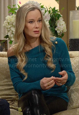 Donna’s green one shoulder knit top with gold buttons on The Bold and the Beautiful
